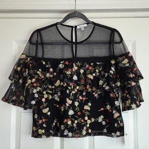 Lucy Paris Black Sheer Flutter Sleeve Blouse with Floral Embroidery - Size XS